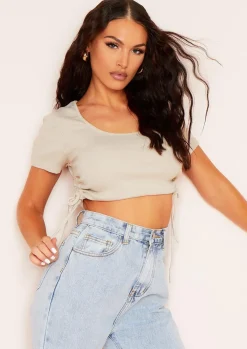 Karin Beige Ruched Side Crop Ribbed T-Shirt^Missy Empire Sale