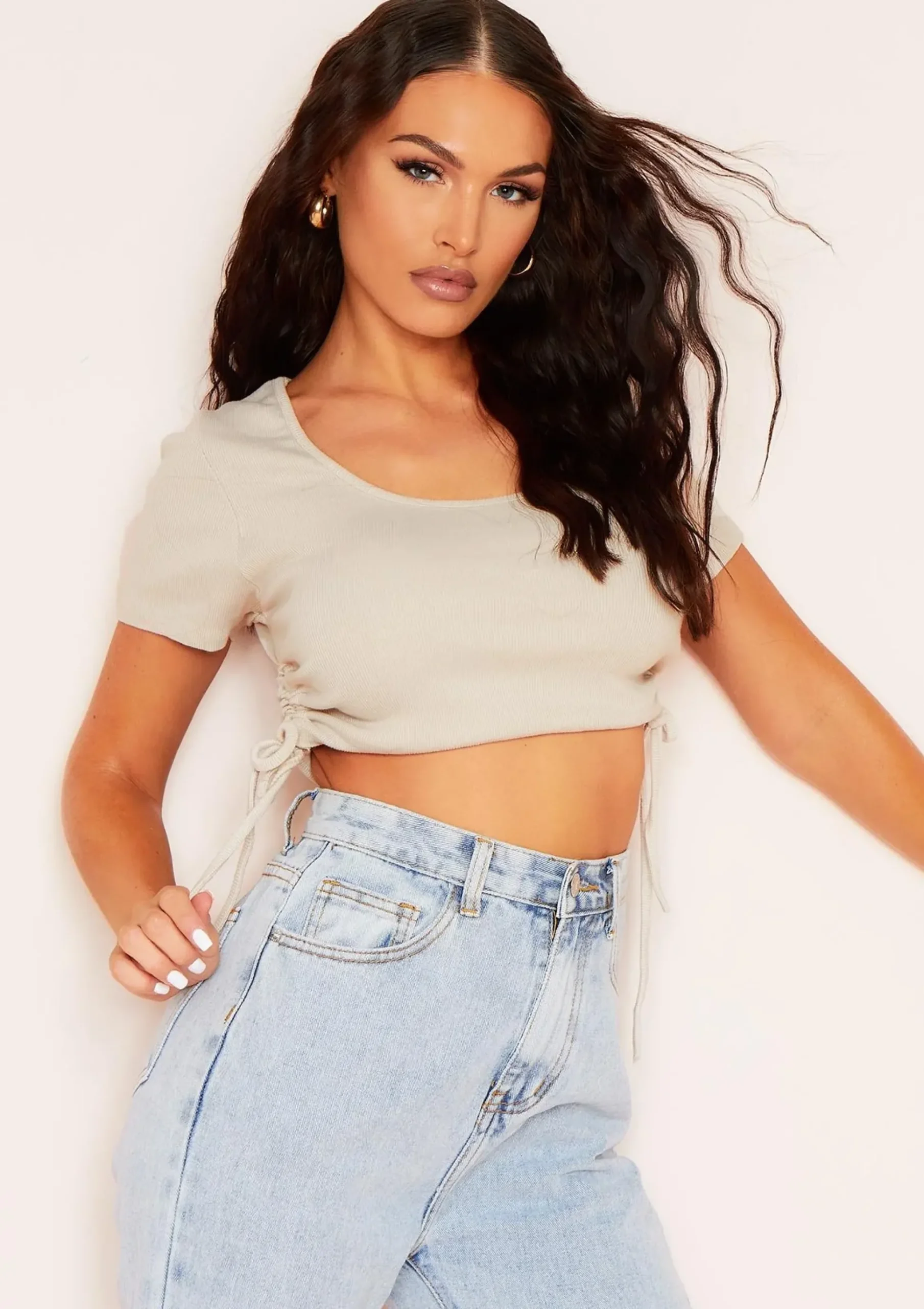 Karin Beige Ruched Side Crop Ribbed T-Shirt^Missy Empire Sale