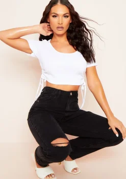 Karin Ivory Ruched Side Crop Ribbed T-Shirt^Missy Empire Best Sale