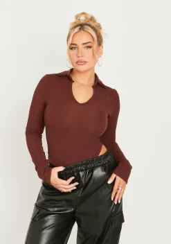 Karla Chocolate Long Sleeve Collared High Leg Bodysuit^Missy Empire Outlet