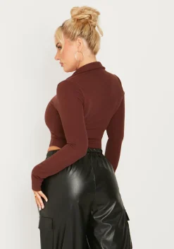 Karla Chocolate Long Sleeve Collared High Leg Bodysuit^Missy Empire Outlet