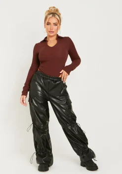 Karla Chocolate Long Sleeve Collared High Leg Bodysuit^Missy Empire Outlet