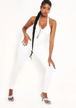 Online Kassie Ivory Halterneck Lace Up Jumpsuit Women Jumpsuits & Playsuits