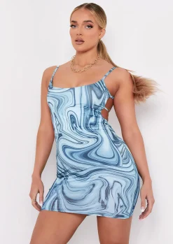 Store Kaylin Blue Print Slinky Strappy Mini Dress Women Dresses