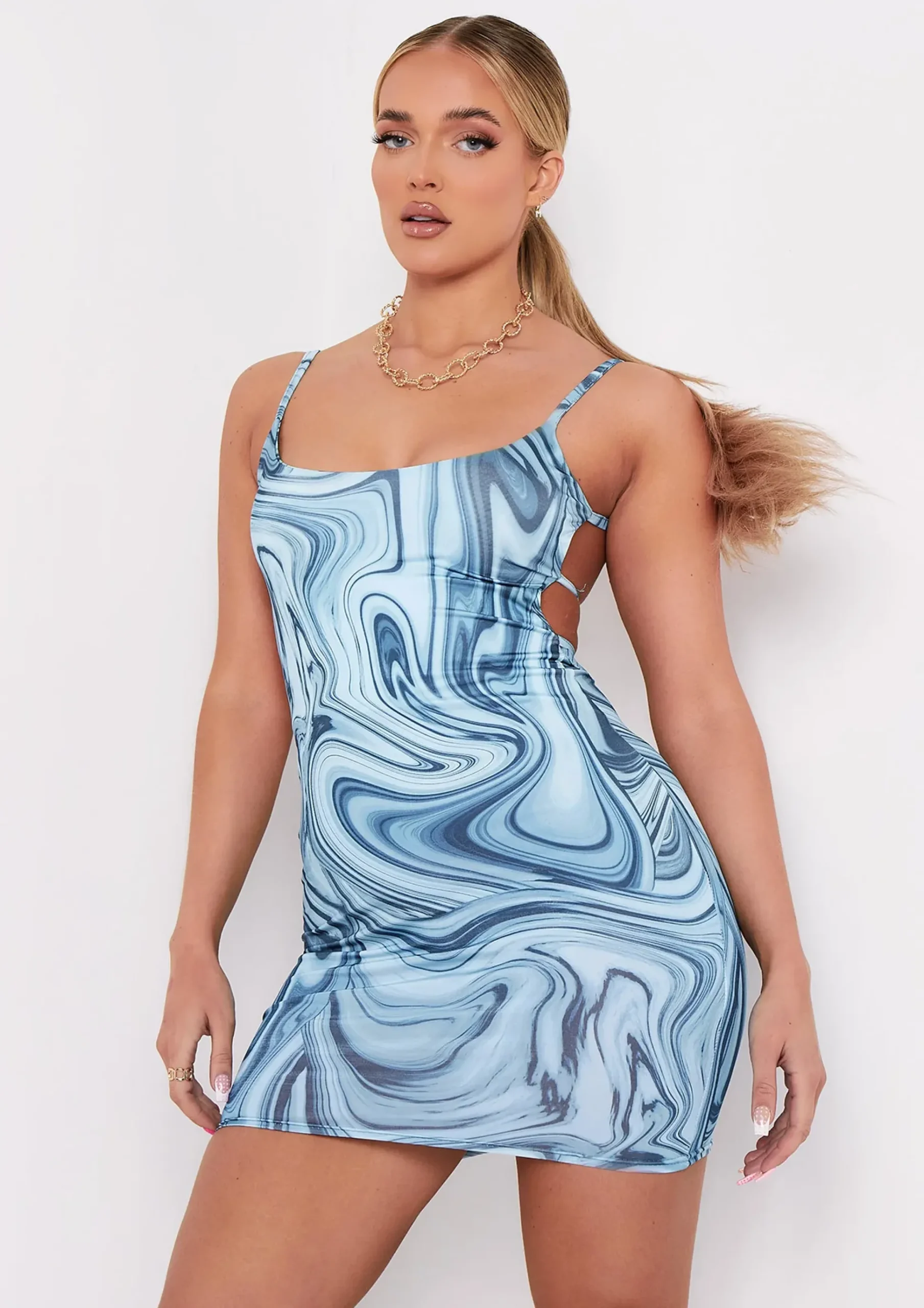 Store Kaylin Blue Print Slinky Strappy Mini Dress Women Dresses