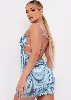 Store Kaylin Blue Print Slinky Strappy Mini Dress Women Dresses