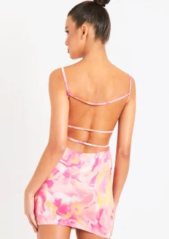 Clearance Kaylin Pink Print Slinky Strappy Back Detail Mini Dress Women Dresses