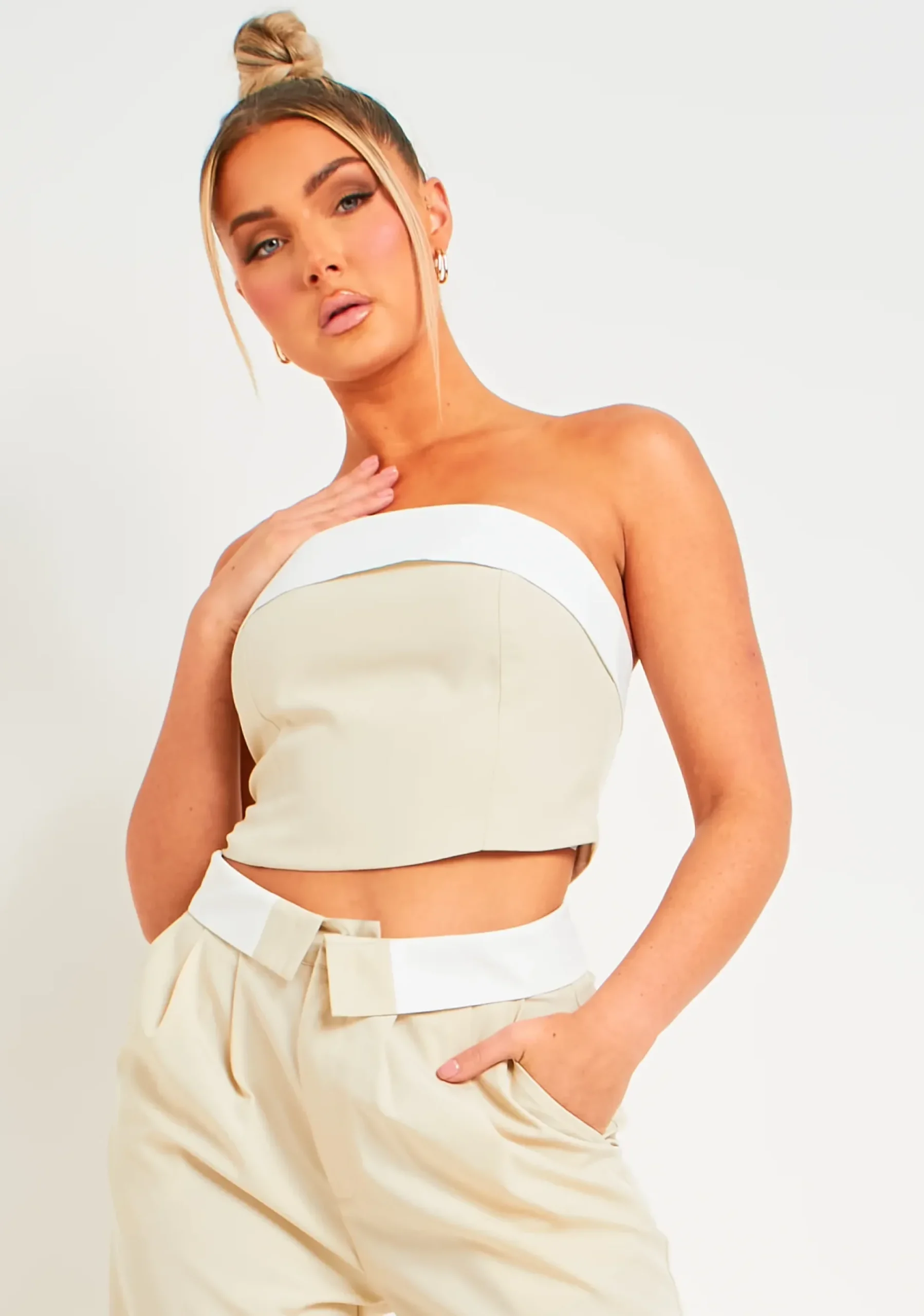 Kaysie Beige Fold Over Bandeau Top^Missy Empire Sale