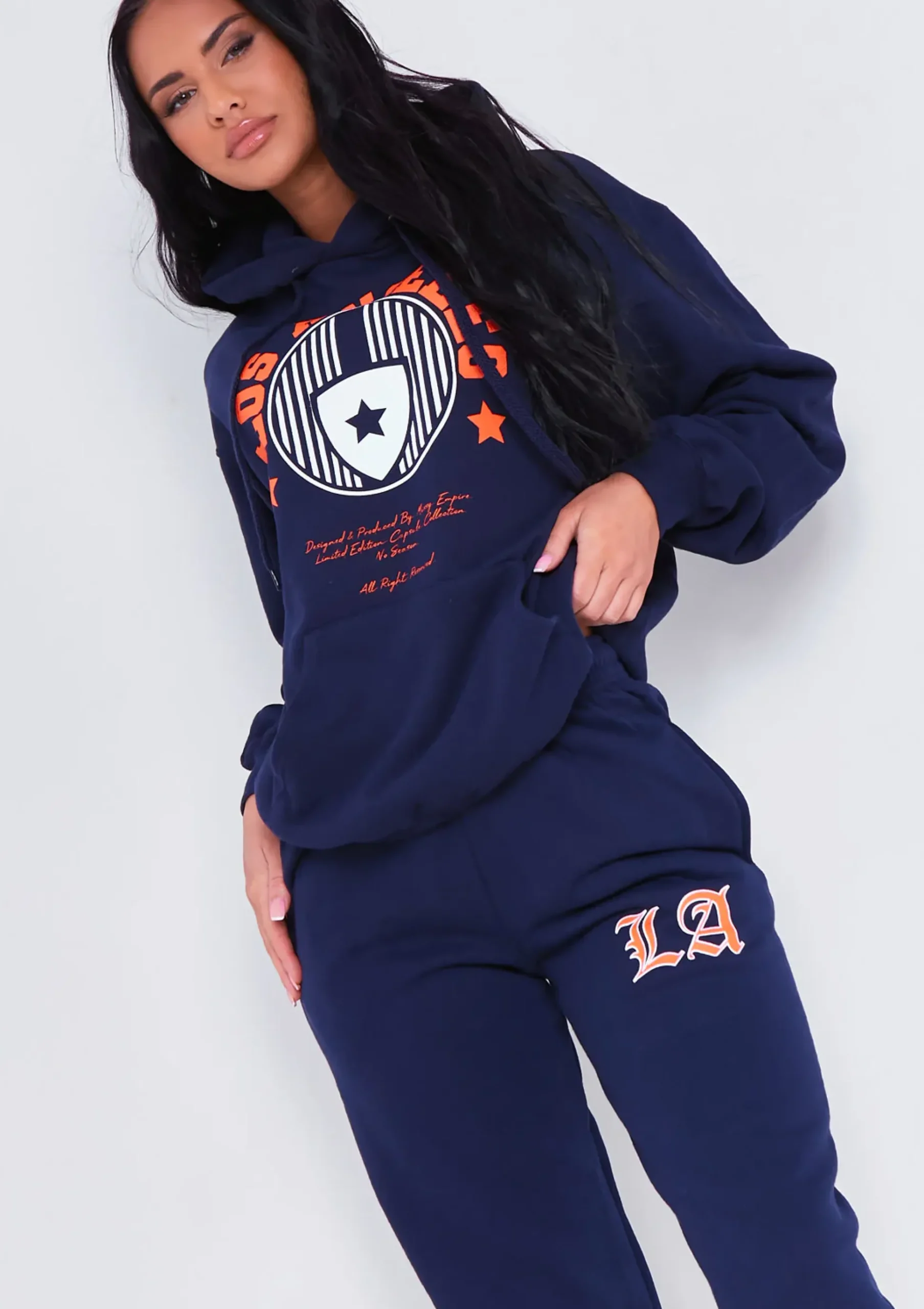 Keaton Navy Los Angeles Varsity Slogan Hoodie^Missy Empire Fashion