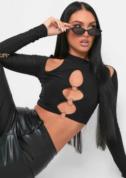 Keeley Black Cut Out Long Sleeve Crop Top^Missy Empire Hot