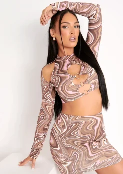Keeley Brown Swirl Print Cut Out Long Sleeve Crop Top^Missy Empire Best Sale