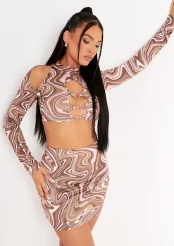 Keeley Brown Swirl Print Cut Out Long Sleeve Crop Top^Missy Empire Best Sale