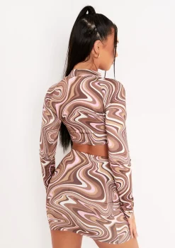 Keeley Brown Swirl Print Cut Out Long Sleeve Crop Top^Missy Empire Best Sale