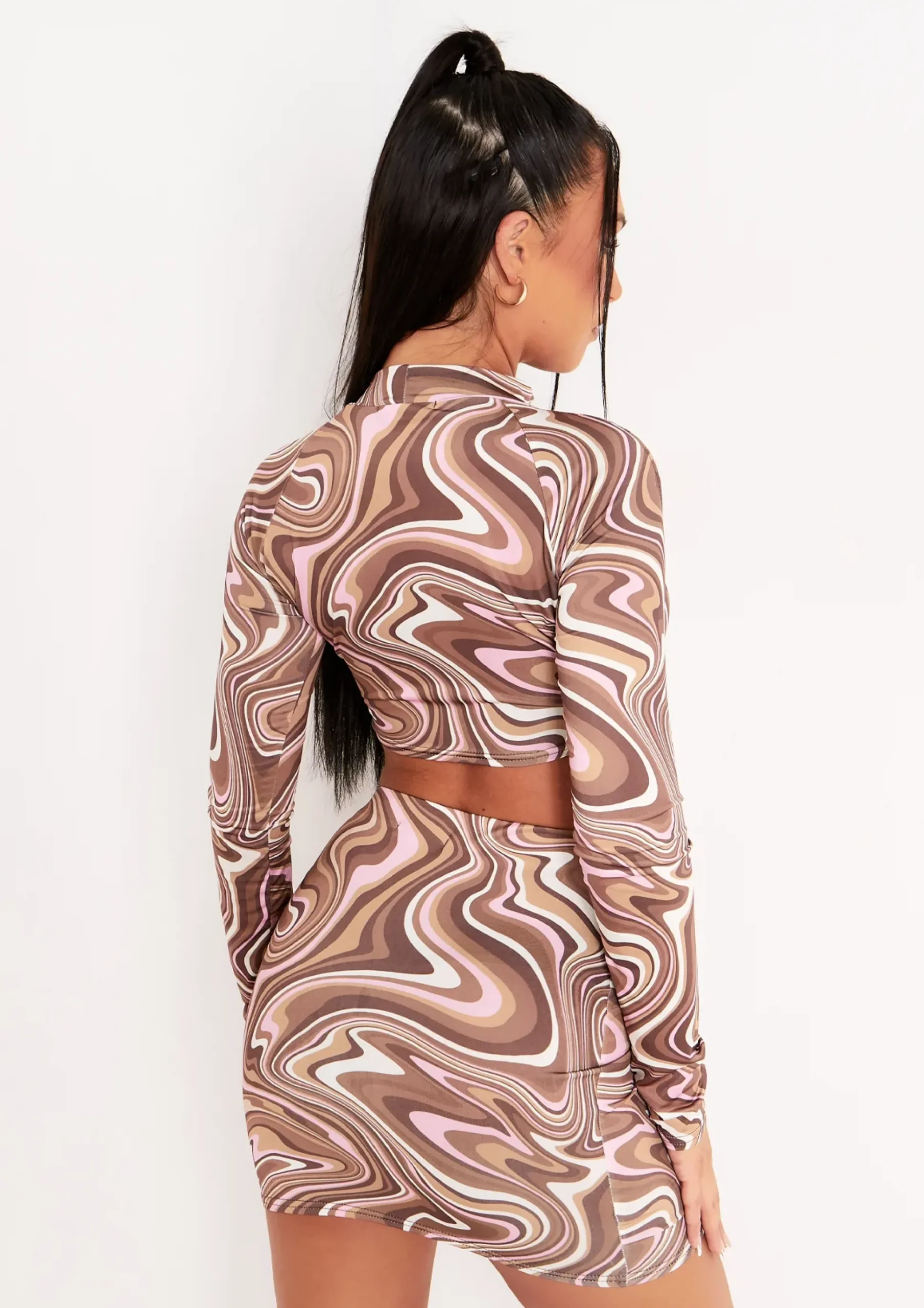 Keeley Brown Swirl Print Cut Out Long Sleeve Crop Top^Missy Empire Best Sale