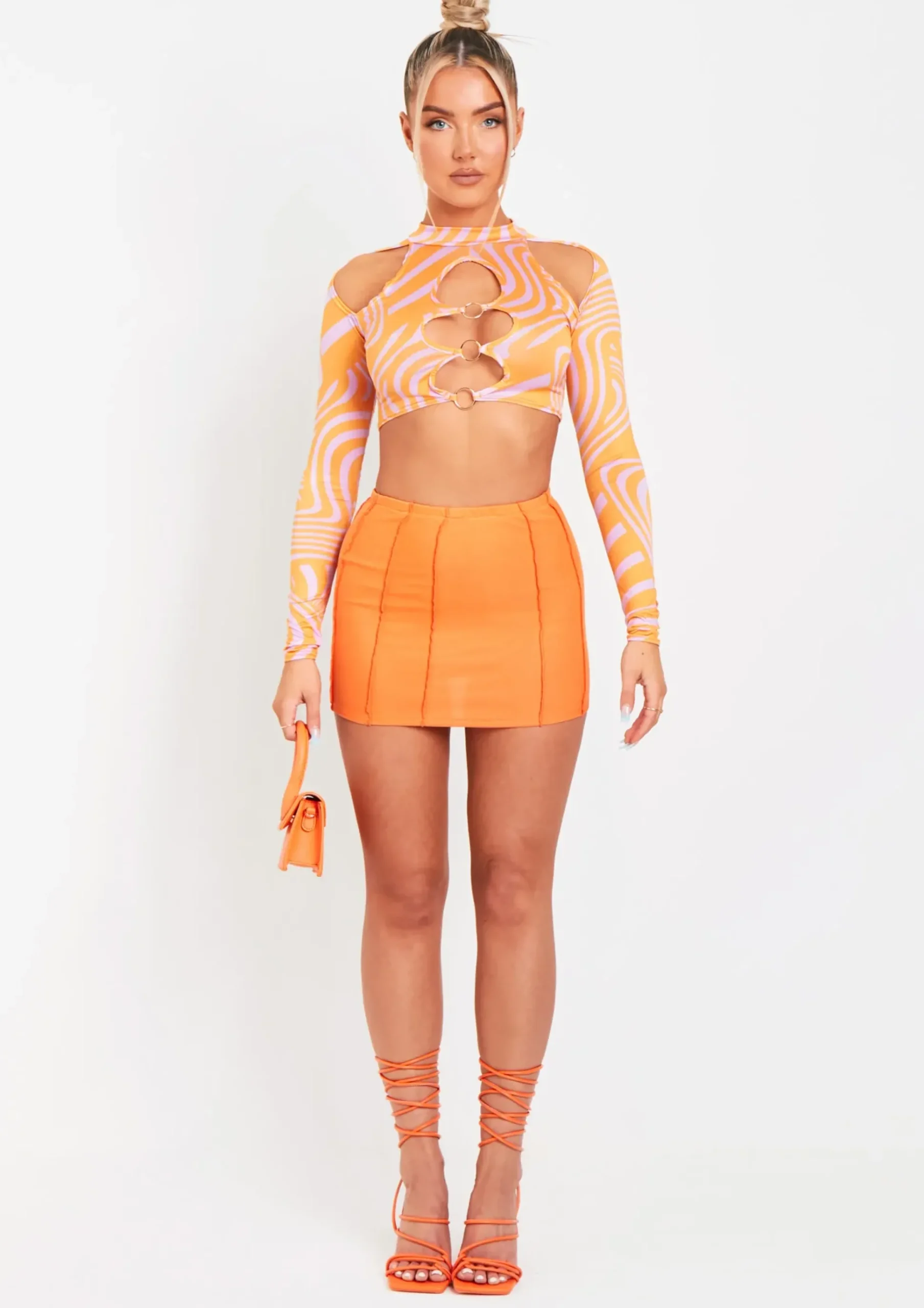 Keeley Pink Swirl Print Cut Out Long Sleeve Crop Top^Missy Empire New