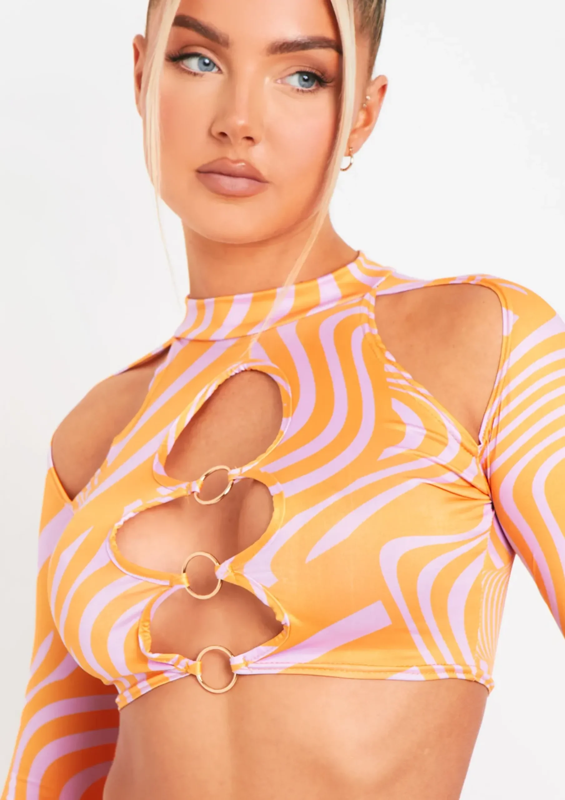 Keeley Pink Swirl Print Cut Out Long Sleeve Crop Top^Missy Empire New