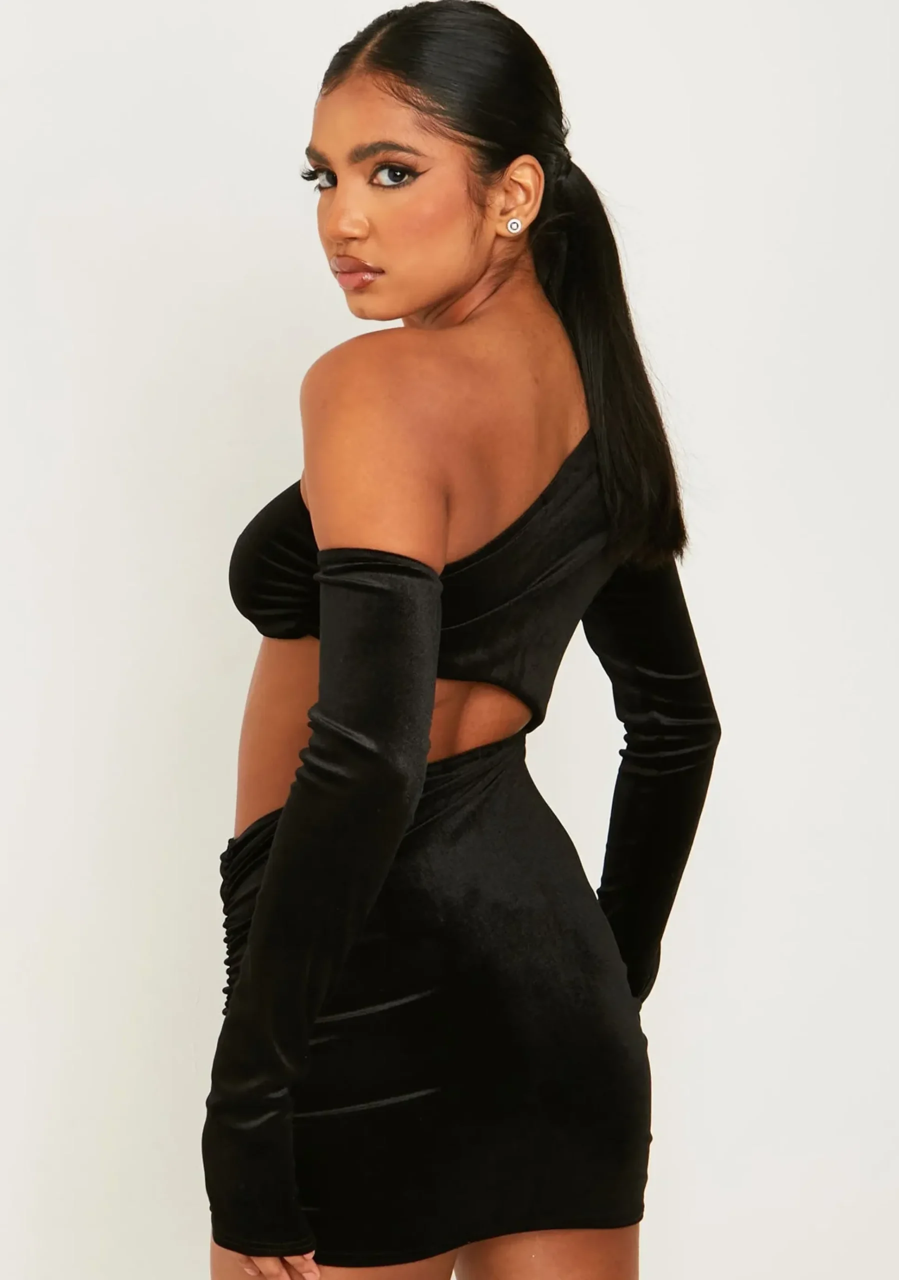 Best Sale Kelsey Black Velvet Cut Out Mini Dress With Attached Sleeve Women Dresses