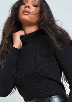 Kelsie Black Ribbed Knit High Neck Long Sleeve Top^Missy Empire Cheap