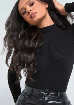 Kelsie Black Ribbed Knit High Neck Long Sleeve Top^Missy Empire Cheap