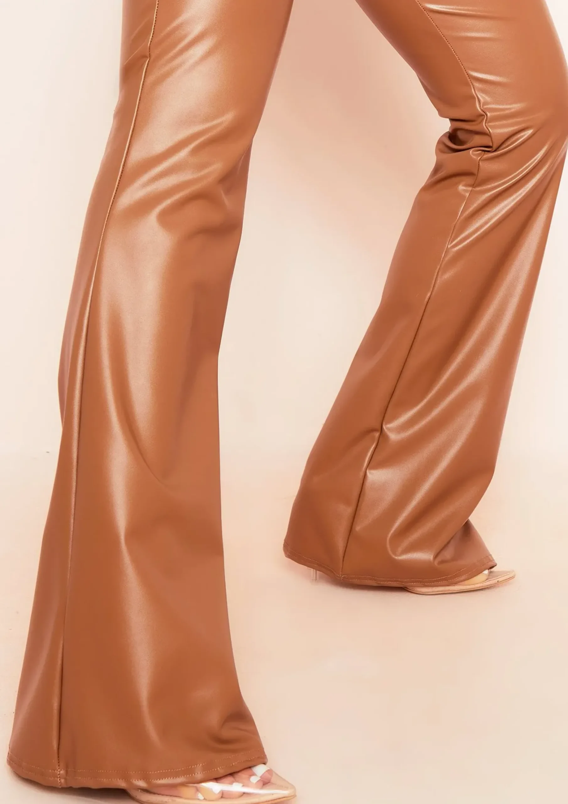 Flash Sale Kendra Brown Vegan Leather Pu Flared Trousers Women Trousers