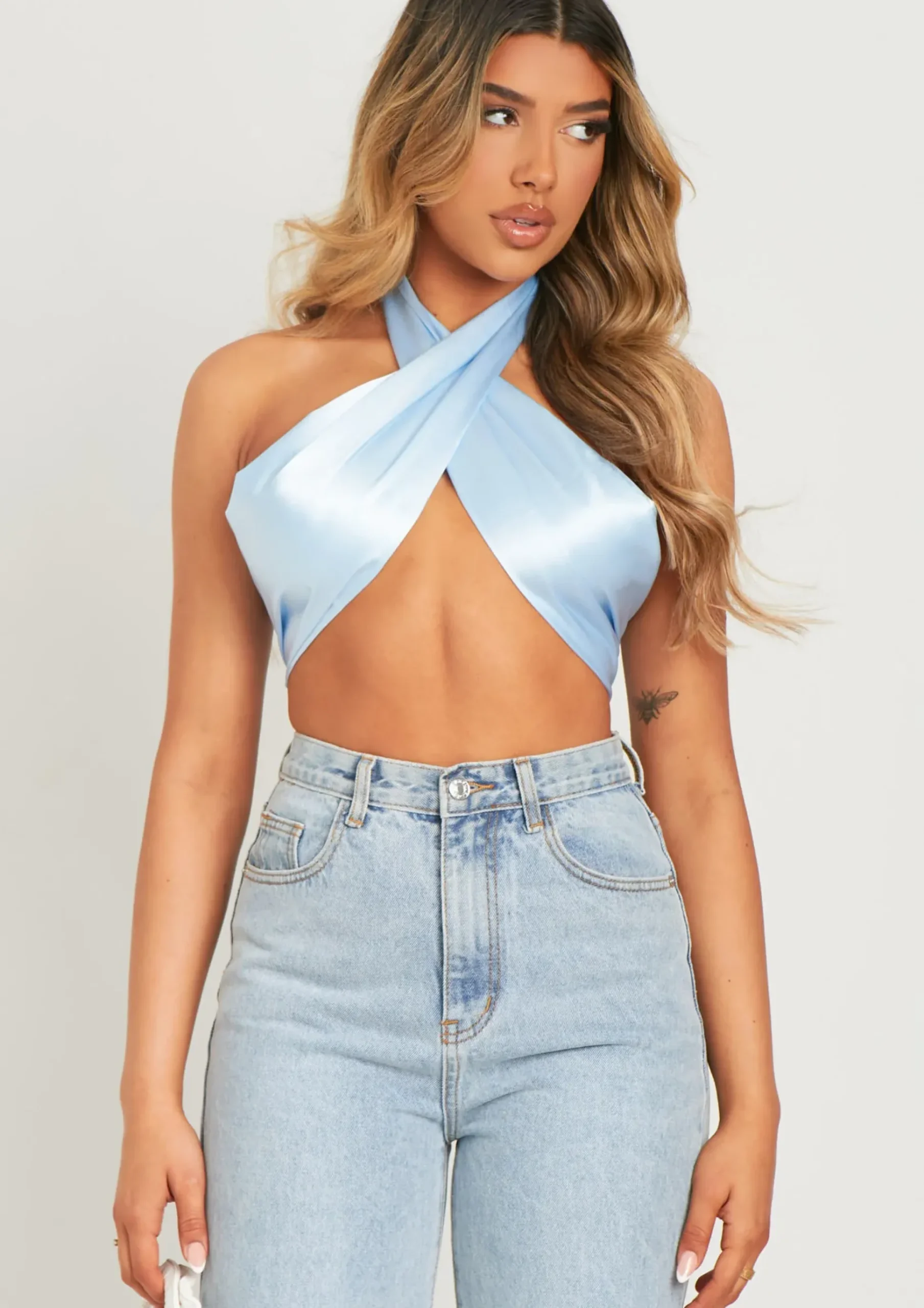 Kenna Pastel Blue Satin Wrap Around Halterneck Scarf Top^Missy Empire Best Sale