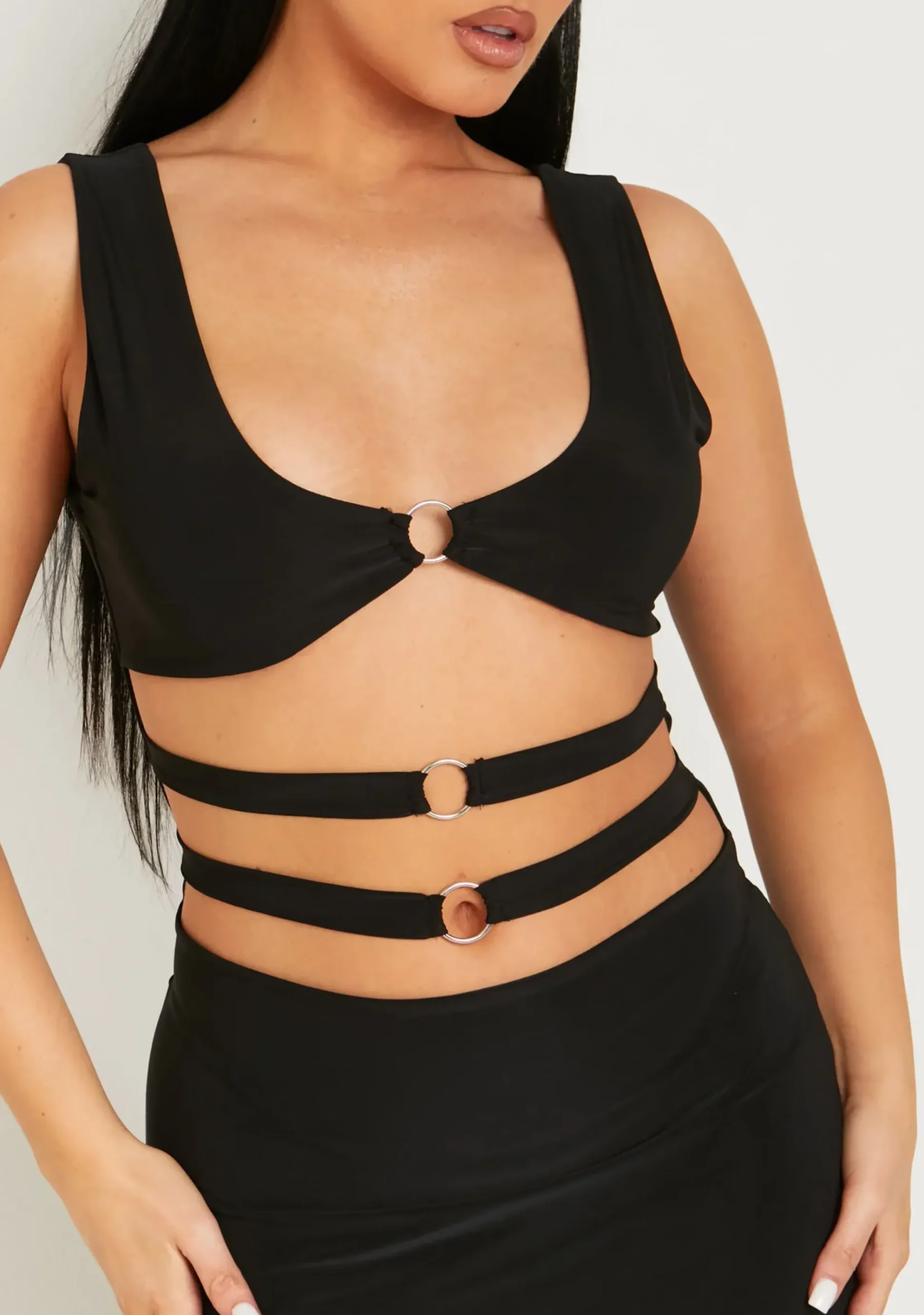 Store Kensley Black Slinky Ring Cut Out Mini Dress Women Dresses