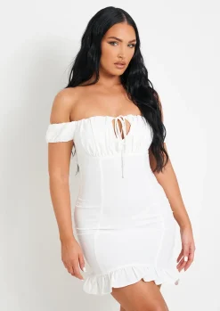 Cheap Khalani White Woven Frill Hem Mini Dress Women Dresses