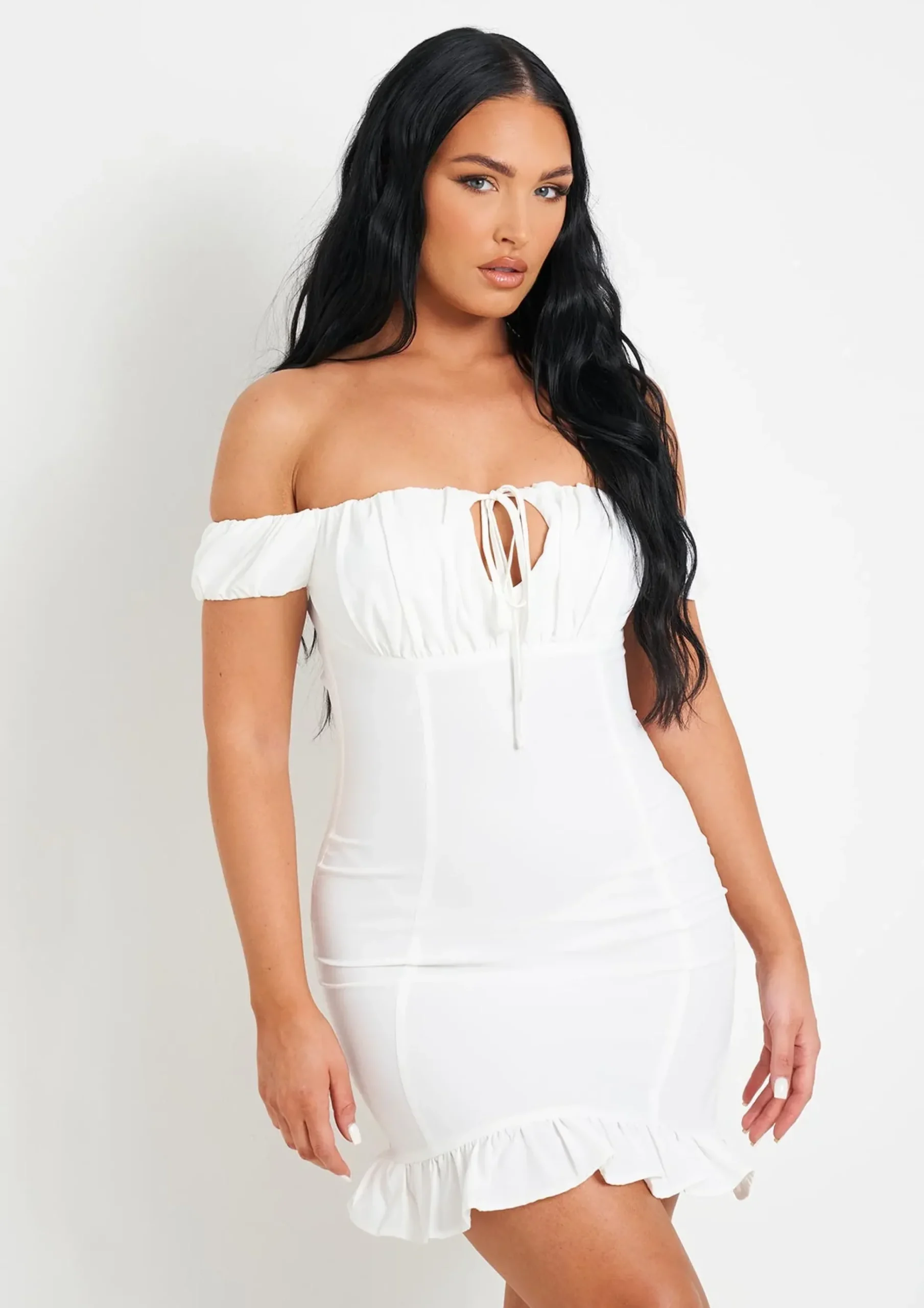Cheap Khalani White Woven Frill Hem Mini Dress Women Dresses