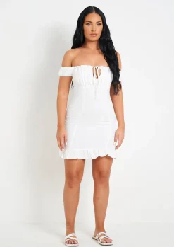 Cheap Khalani White Woven Frill Hem Mini Dress Women Dresses