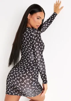 Best Sale Khloe Black Moon Print Long Sleeve Mini Dress Women Dresses