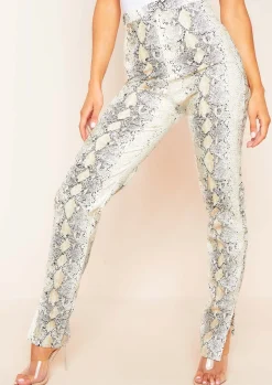 Best Khloe White Snake Print Vegan Leather Side Split Leggings Women Leggings
