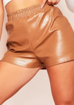 Clearance Kiana Camel Croc Print Vegan Leather Shorts Women Shorts