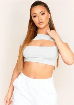 Kiely Light Grey Cut Out Cap Sleeve Ribbed Crop Top^Missy Empire Outlet