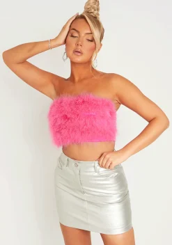 Kiely Pink Feather Bandeau Crop Top^Missy Empire Best Sale