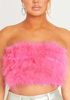 Kiely Pink Feather Bandeau Crop Top^Missy Empire Best Sale