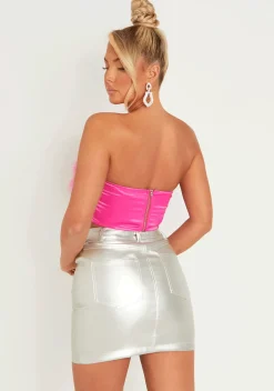 Kiely Pink Feather Bandeau Crop Top^Missy Empire Best Sale