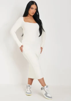 Best Kim Cream Knit Square Neck Long Sleeve Midi Dress Women Dresses