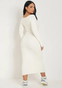 Best Kim Cream Knit Square Neck Long Sleeve Midi Dress Women Dresses