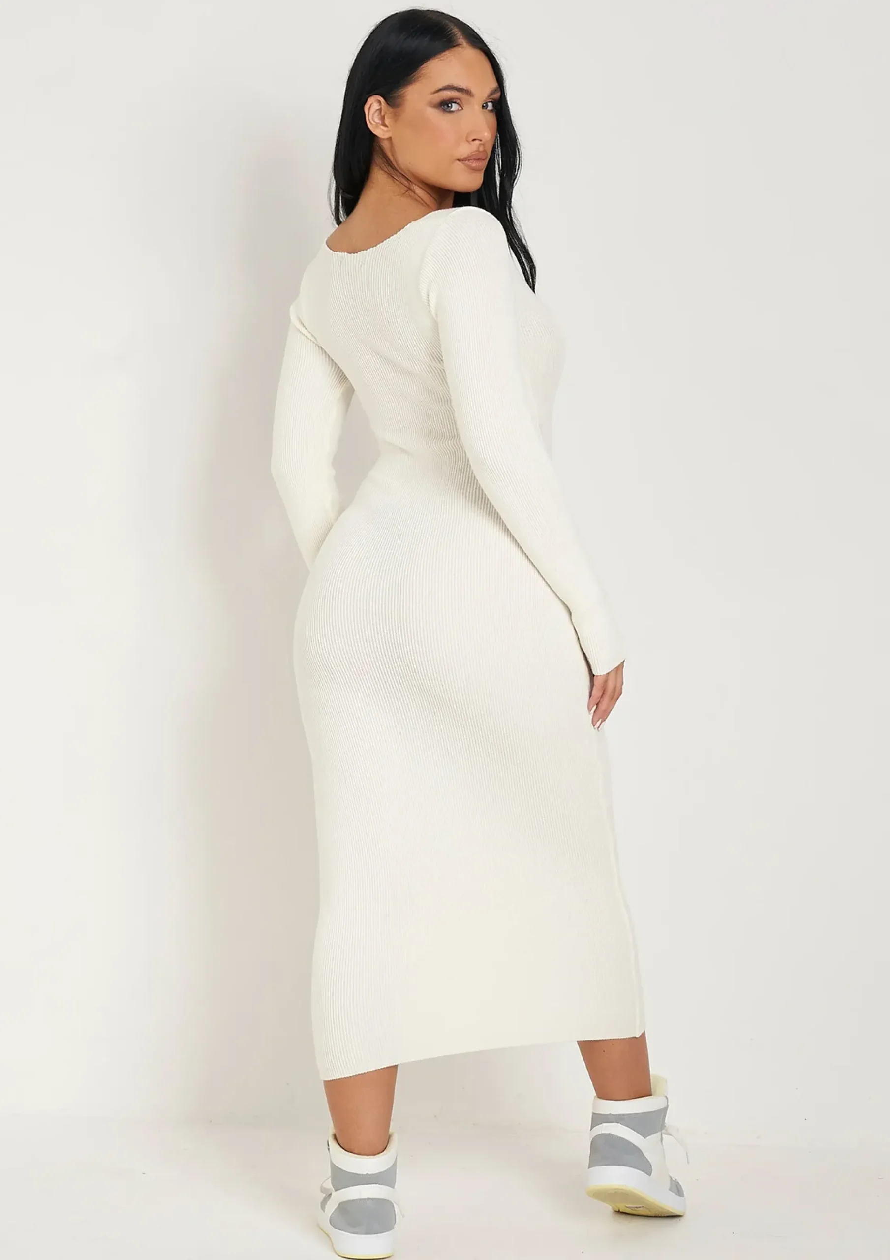 Best Kim Cream Knit Square Neck Long Sleeve Midi Dress Women Dresses