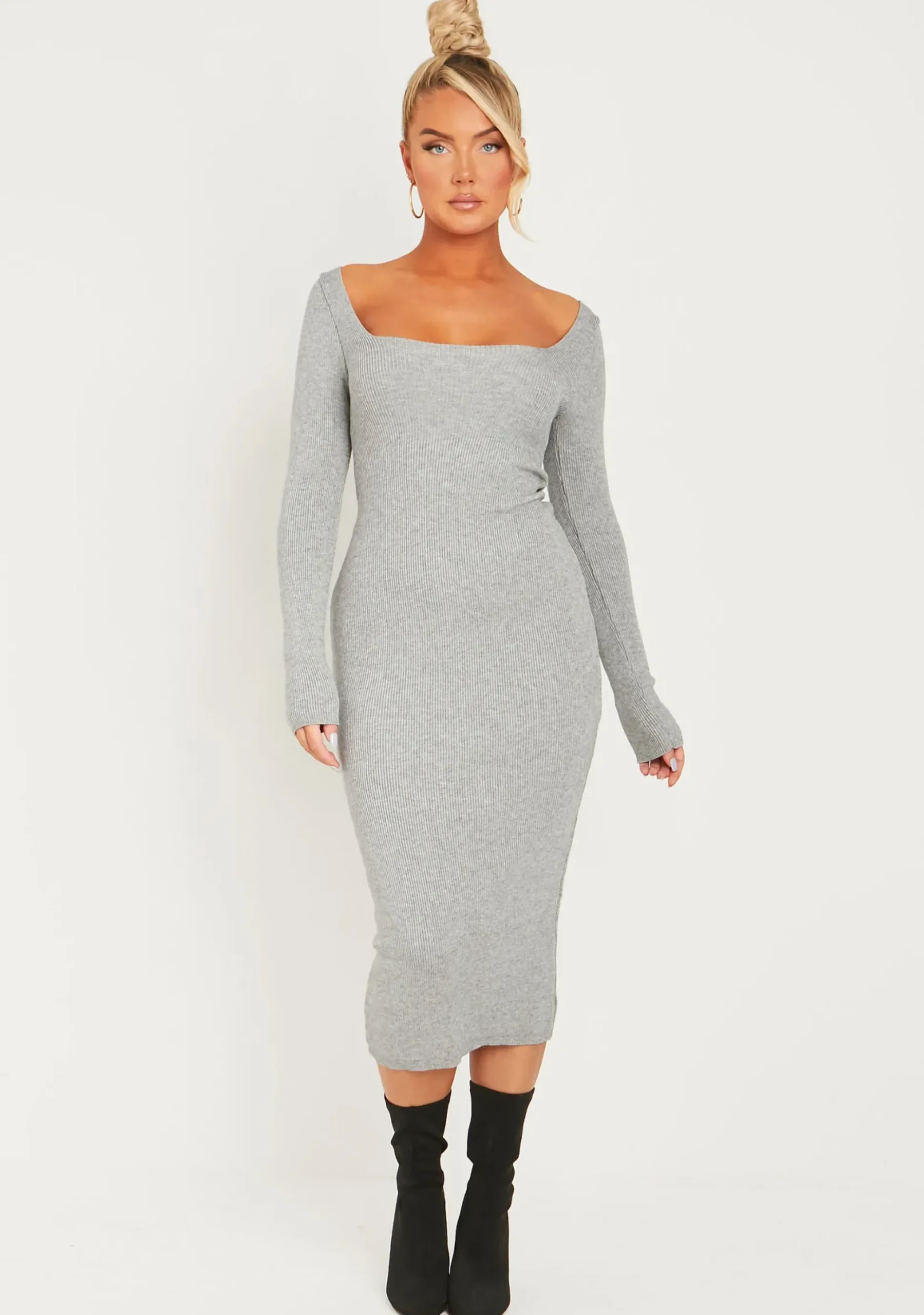 Clearance Kim Light Grey Knit Square Neck Long Sleeve Midi Dress Women Dresses