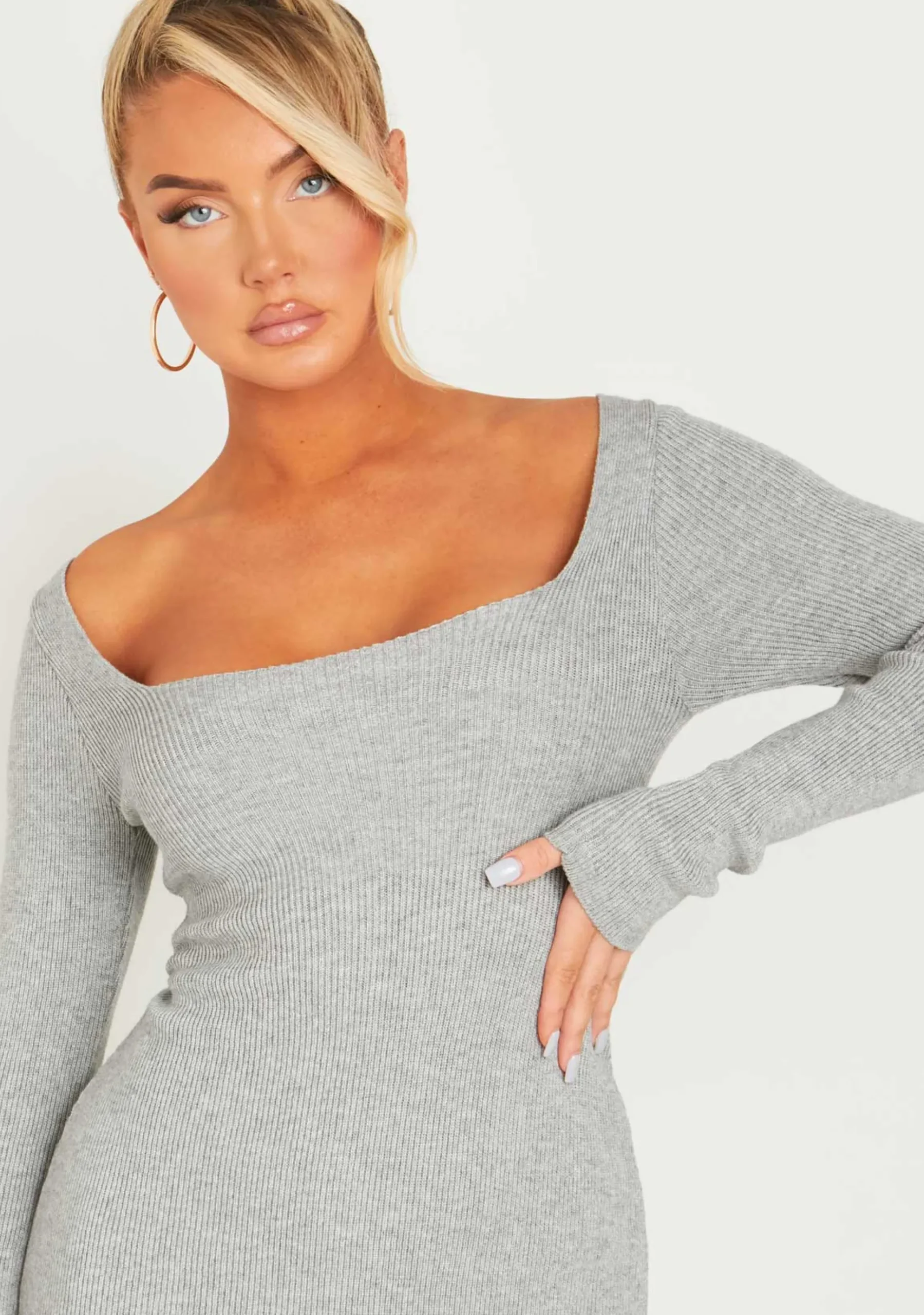 Clearance Kim Light Grey Knit Square Neck Long Sleeve Midi Dress Women Dresses
