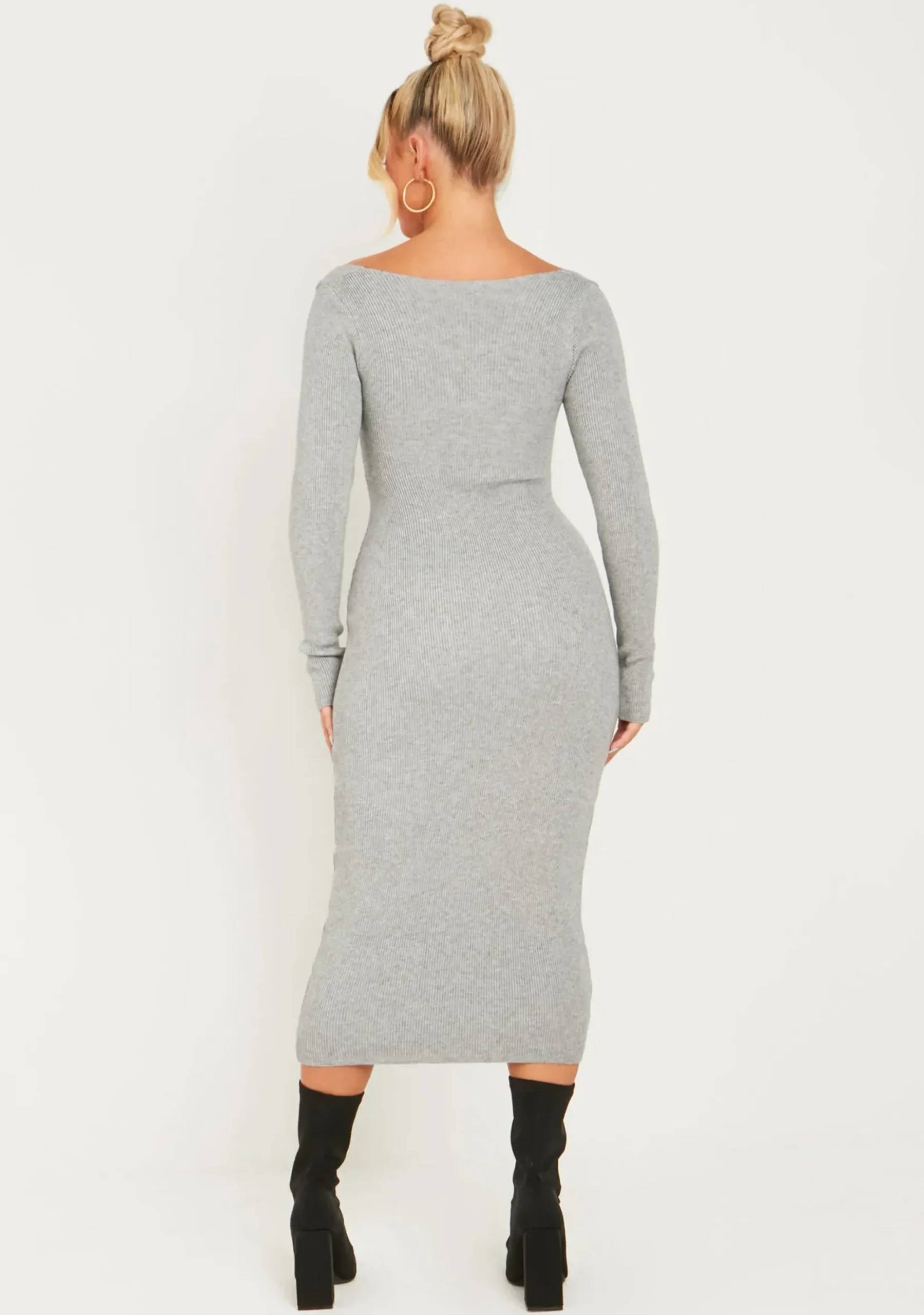 Clearance Kim Light Grey Knit Square Neck Long Sleeve Midi Dress Women Dresses