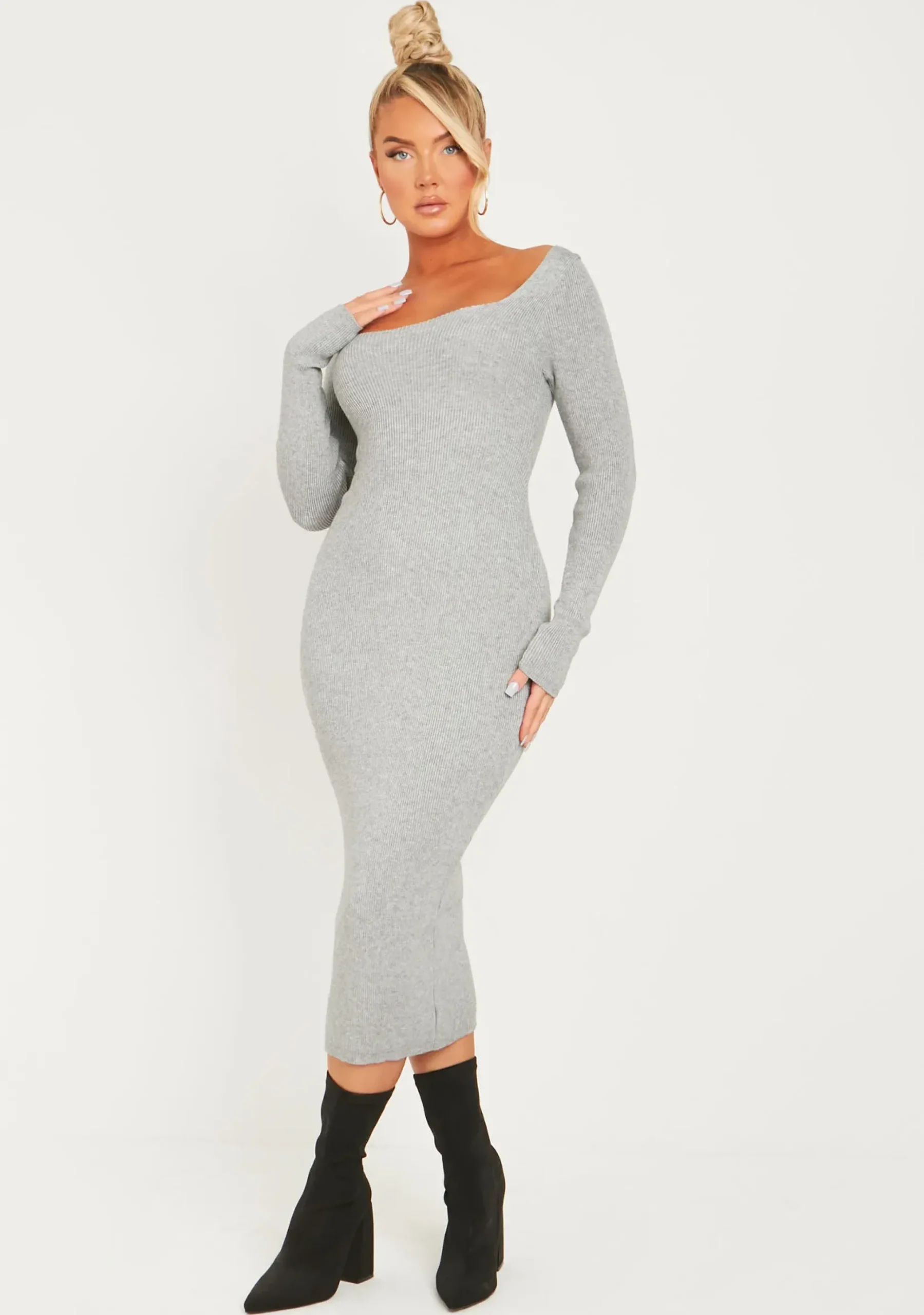 Clearance Kim Light Grey Knit Square Neck Long Sleeve Midi Dress Women Dresses