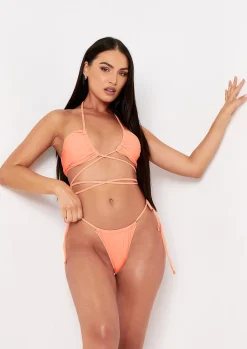 Kiran Coral Halterneck Cross Strap Bikini Top^Missy Empire Store