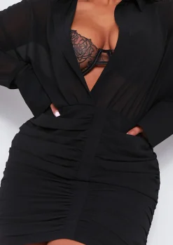 Fashion Kirsty Black Long Sleeve Plunge Front Ruched Skirt Mini Dress Women Dresses