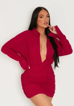 Shop Kirsty Burgundy Long Sleeve Plunge Front Ruched Skirt Mini Dress Women Dresses
