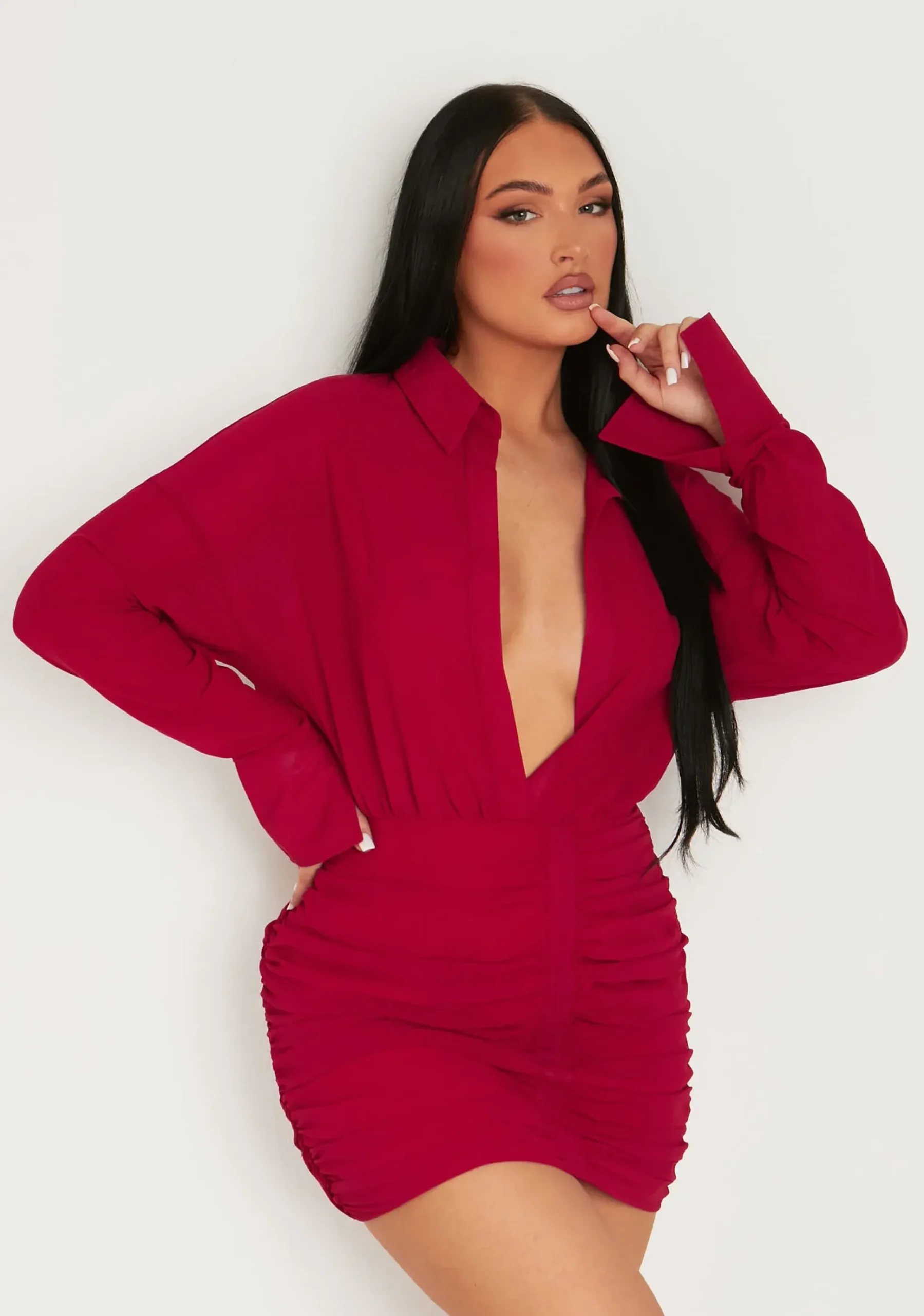 Shop Kirsty Burgundy Long Sleeve Plunge Front Ruched Skirt Mini Dress Women Dresses