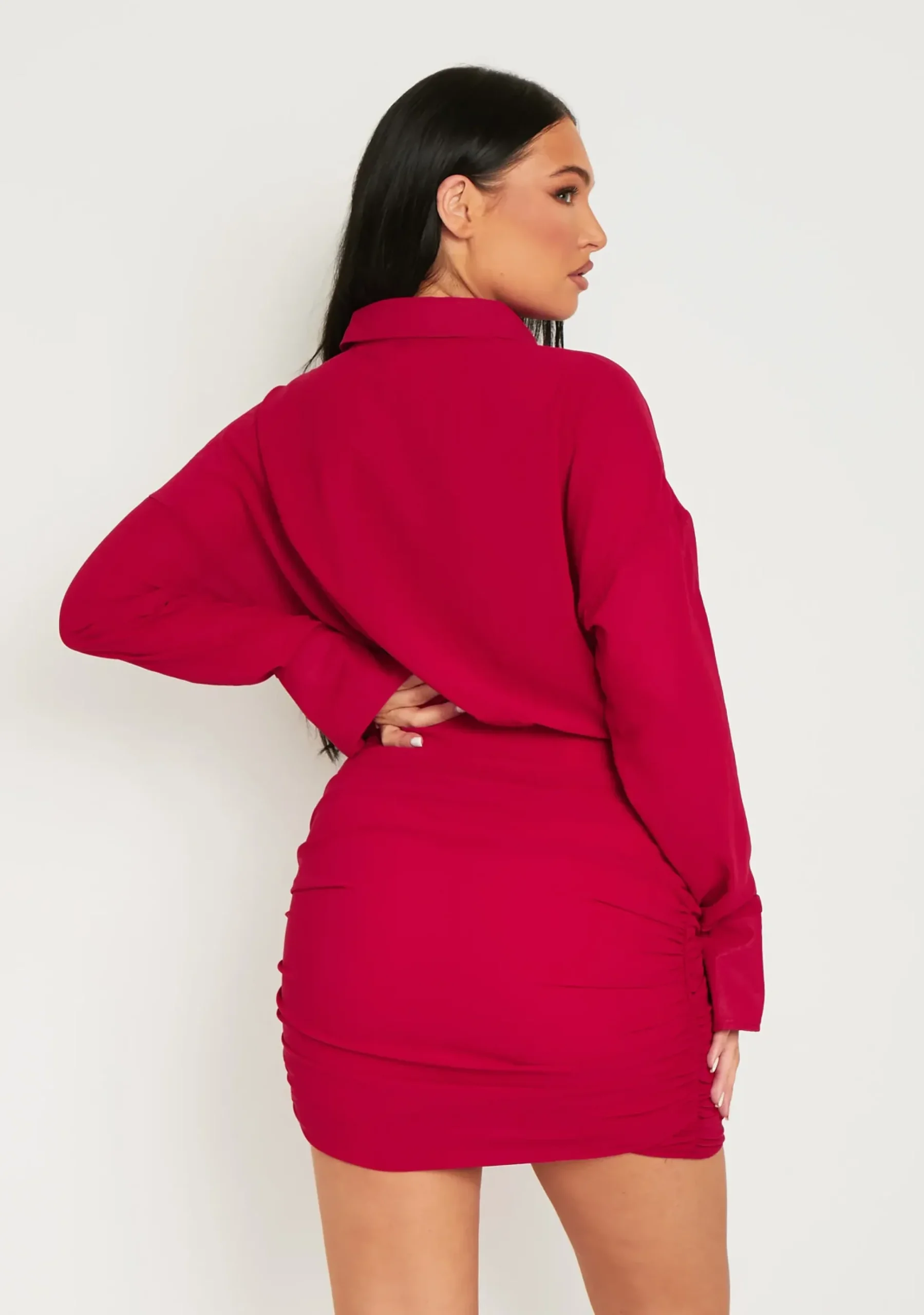 Shop Kirsty Burgundy Long Sleeve Plunge Front Ruched Skirt Mini Dress Women Dresses