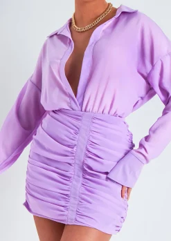 Sale Kirsty Lilac Long Sleeve Plunge Front Ruched Skirt Mini Dress Women Dresses