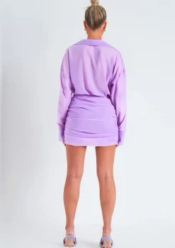 Sale Kirsty Lilac Long Sleeve Plunge Front Ruched Skirt Mini Dress Women Dresses